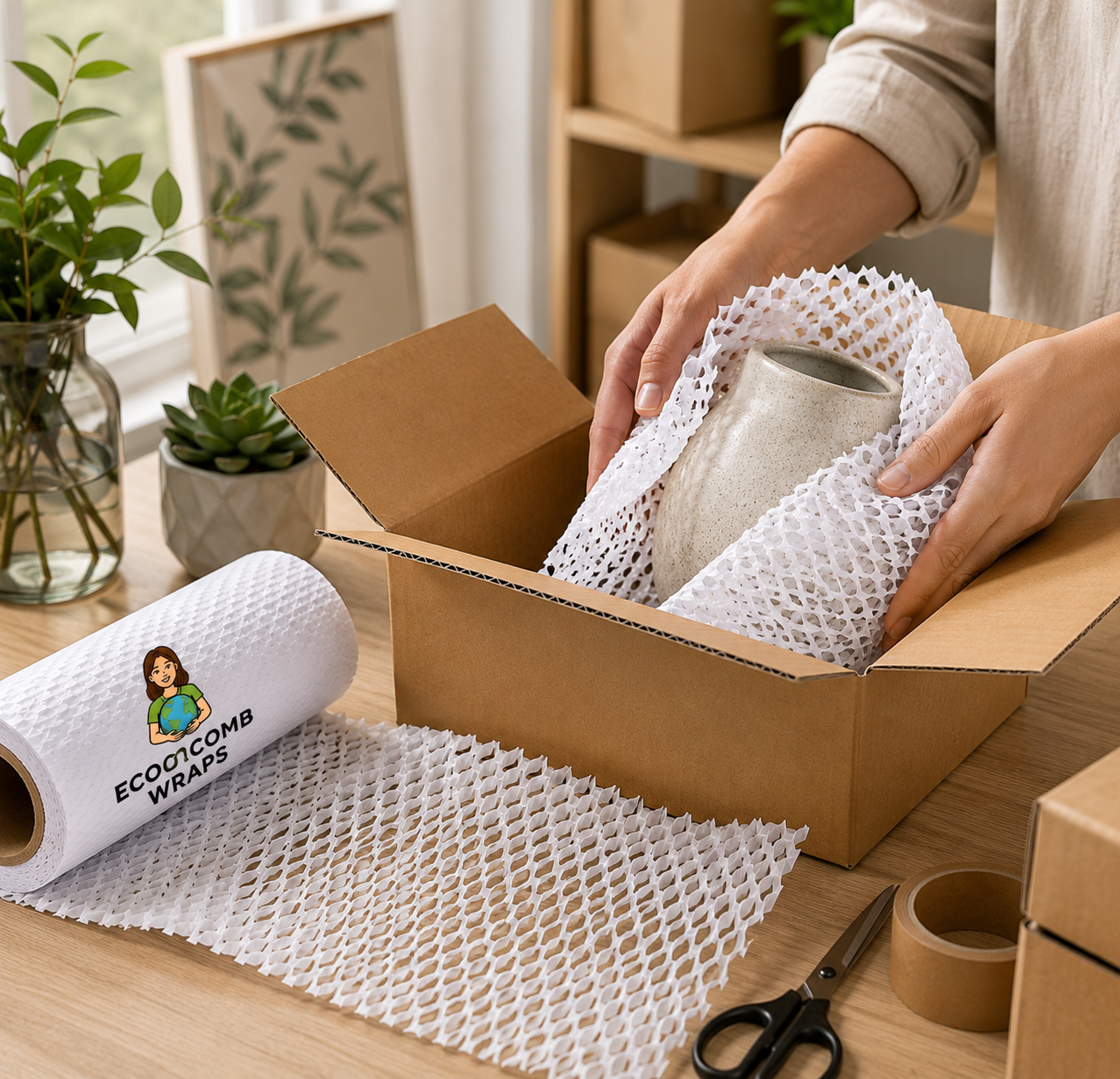 Hände, die ein kleines Keramikprodukt in weißes Wabenpapier neben einer offenen Versandbox einwickeln