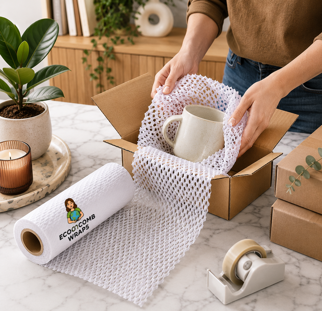 Hände zeigen weiße Wabenpapierfolie um einen Keramikbecher in einem E-Commerce-Paket
