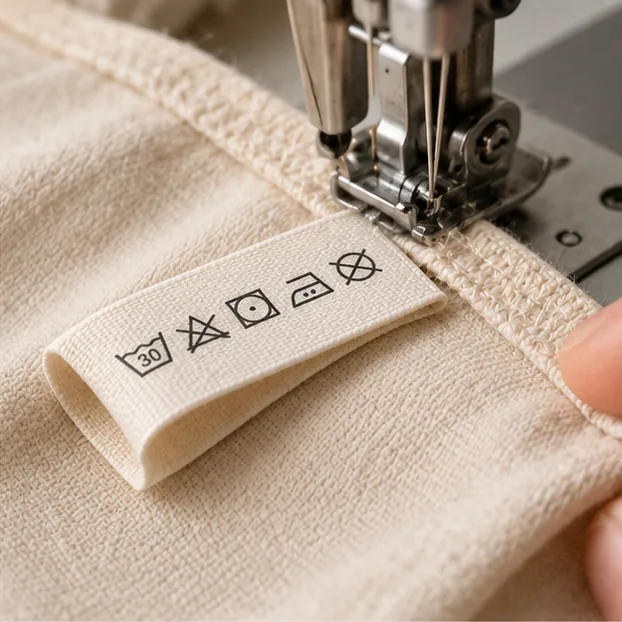 Zorg label wordt gestikt in een binnenste kleding naad