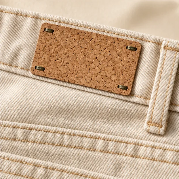 Naturkork-Patch auf ein ungefärbtes Kleidungsstück aufgenäht