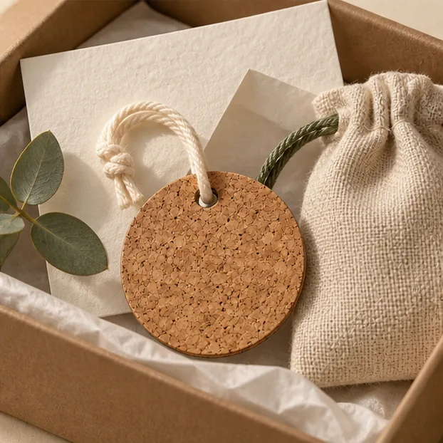 Koordinierte Korkmarke, Baumwollcord, Stoffbeutel und Papierverpackungen