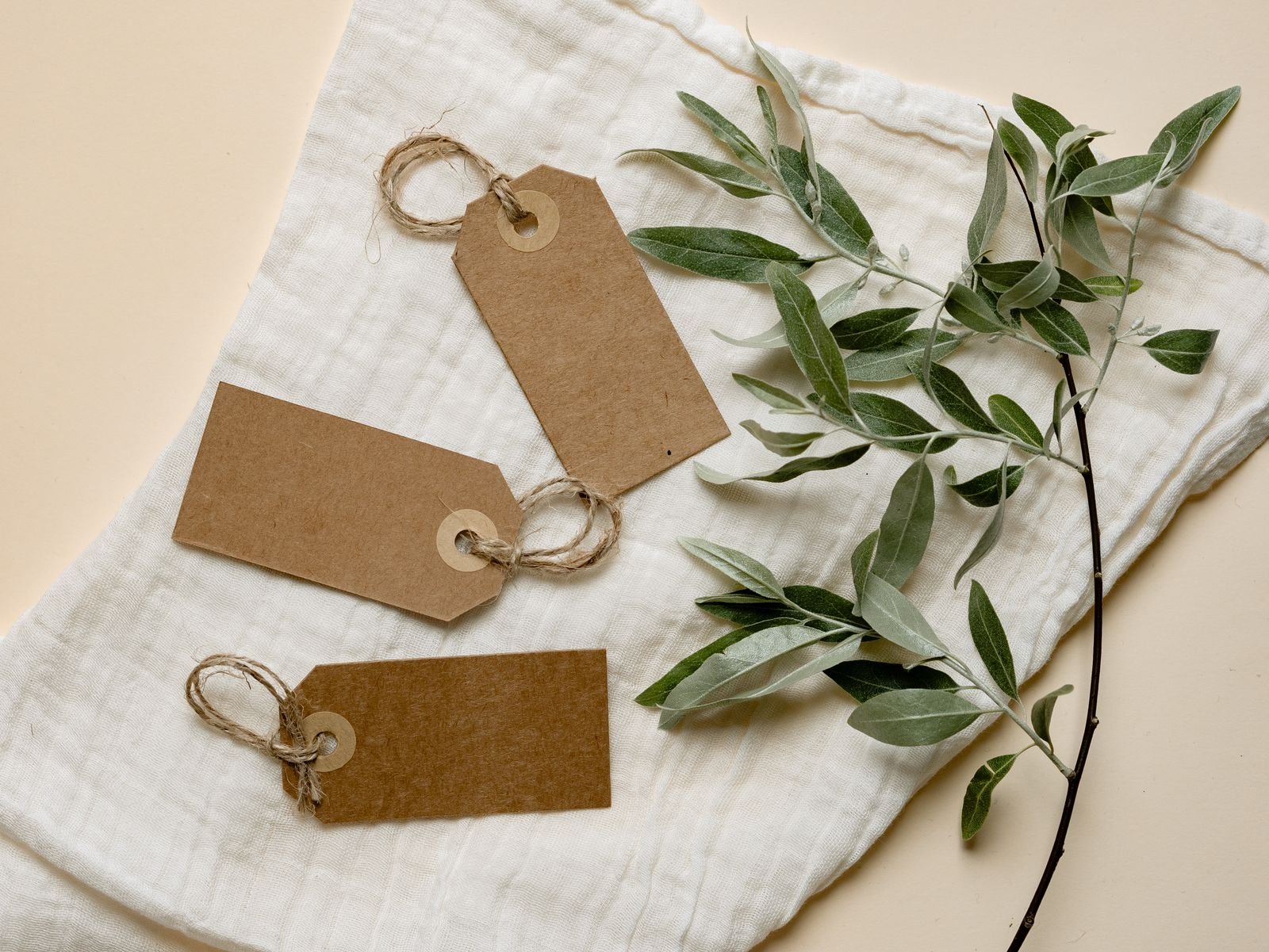 Three kraft paper tags with twine on white fabric beside green leaves