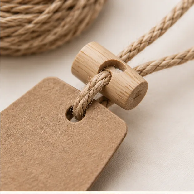 Naturschnur und Holzverschluss an einer Papiermarke