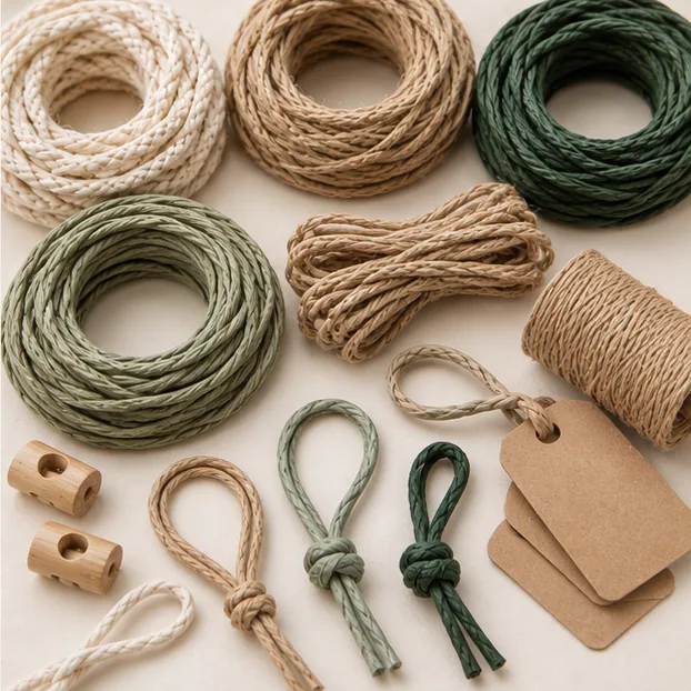 Organisiertes Sortiment von Naturschnüren, Knoten, Papieranhängern und Holzknebeln