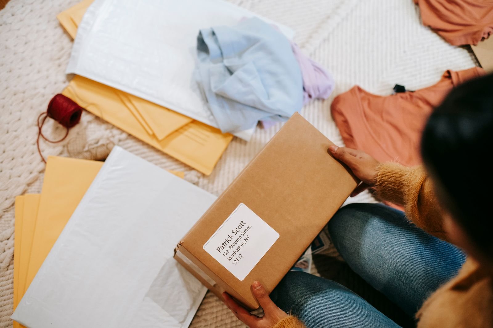 Kunden öffnen ein E-Commerce-Paket neben Kleidung und Papiermailern