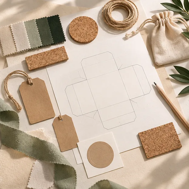 Packstücke und Teile, angeordnet neben einer Blank-Box-Dieline