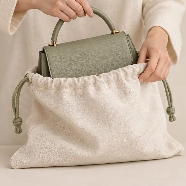 Sage Handtasche wird in einen natürlichen Baumwollstaubbeutel gelegt