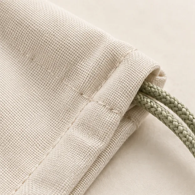 Makrodetails aus recyceltem Polyesterbeutelgewebe und -naht