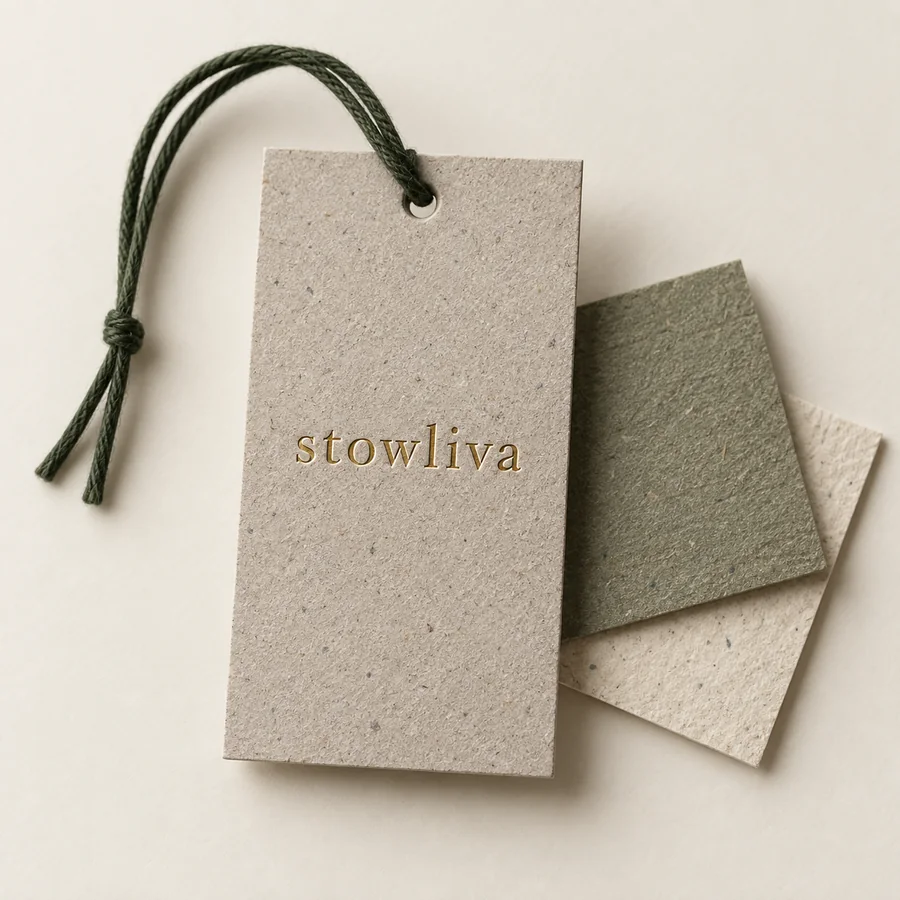 Recyclingpapier-Hängeschild mit Goldfolie Stowliwa-Logo und sichtbaren Papierfasern
