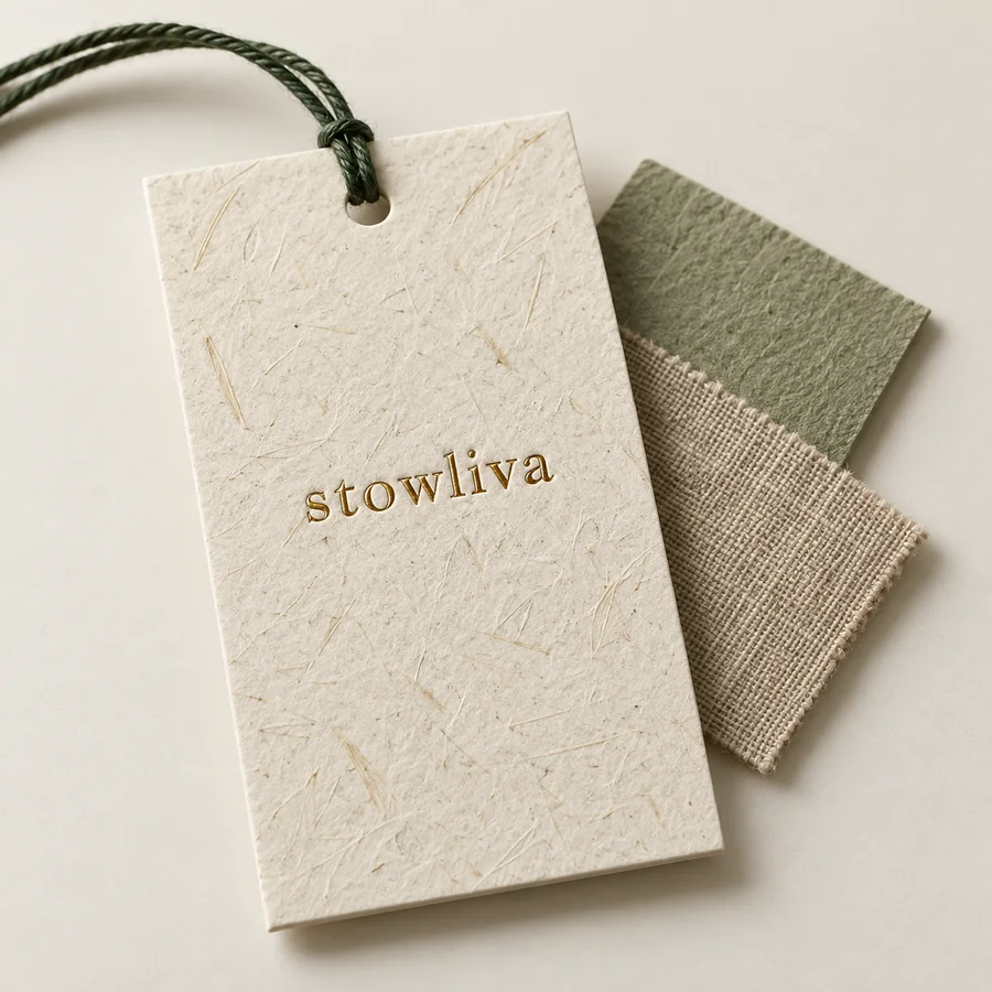 Bambusfaserpapier-Hängeschild mit Goldfolie Stowiva-Logo