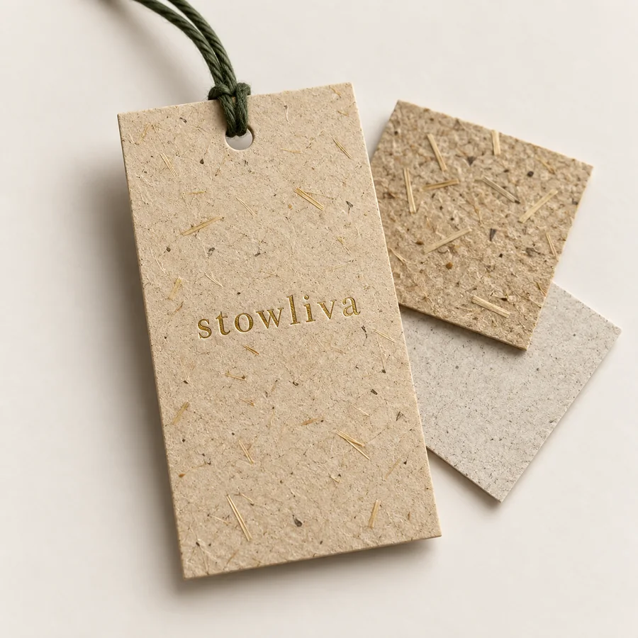 Strohfaserpapier-Hängeschild mit Goldfolien-Stowliva-Logo und sichtbaren Strohflecken