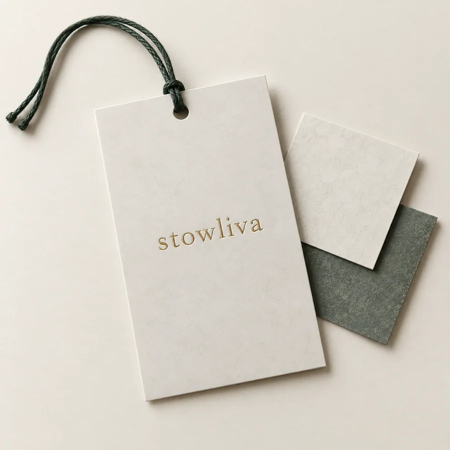 Glattes Elfenbeinpapier hängen mit Goldfolie Stowiva Logo