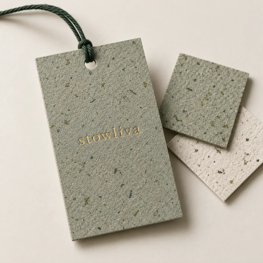 Seetangfaserplatten hängen mit Goldfolie Stowliwa-Logo und organischen Flecken