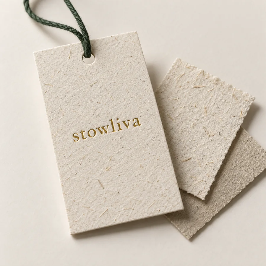 Zuckerrohr-Bagasse-Papierhängeschild mit Goldfolie Stowliwa-Logo
