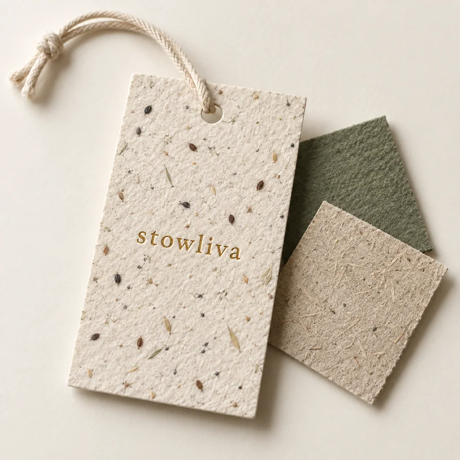 Pflanzbares Saatpapier-Hängeschild mit Goldfolie-Stowliwa-Logo und eingebetteten Samen
