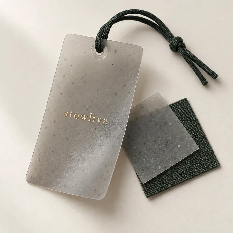 Frosted transluzente recycelte TPU hängen Tag mit Goldfolie Stowiva Logo