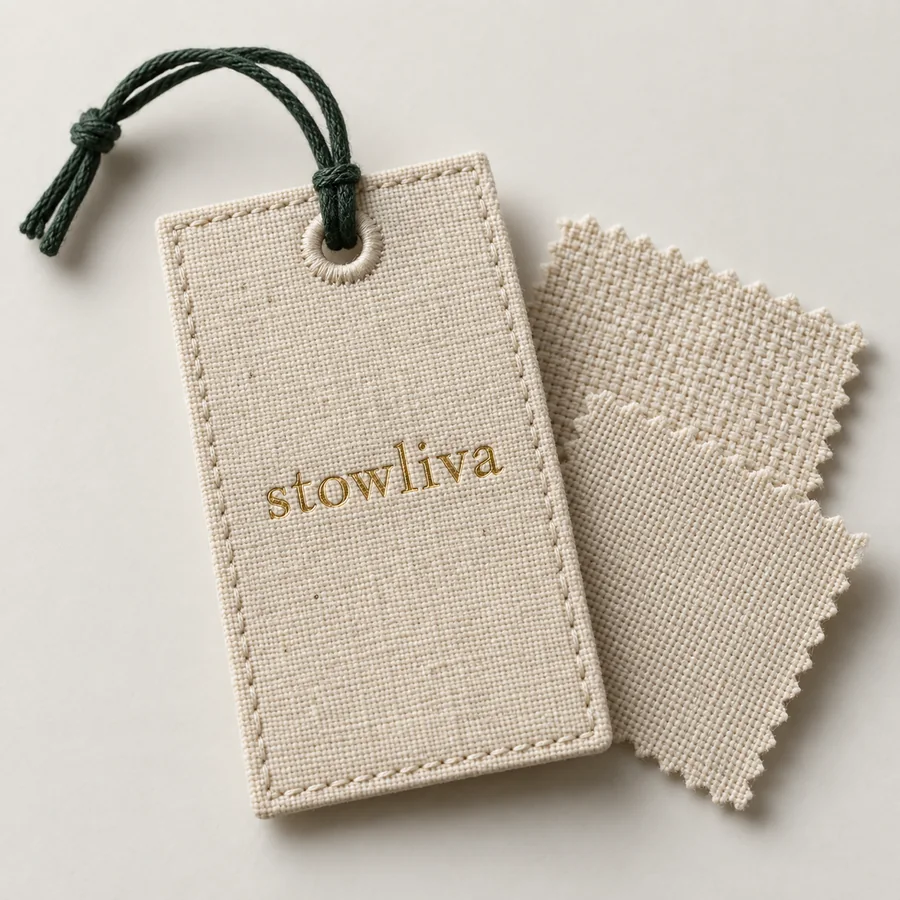 Gewebte Baumwoll-Textil-Hängeschild mit genähter Kante und Goldfolie Stowliwa-Logo