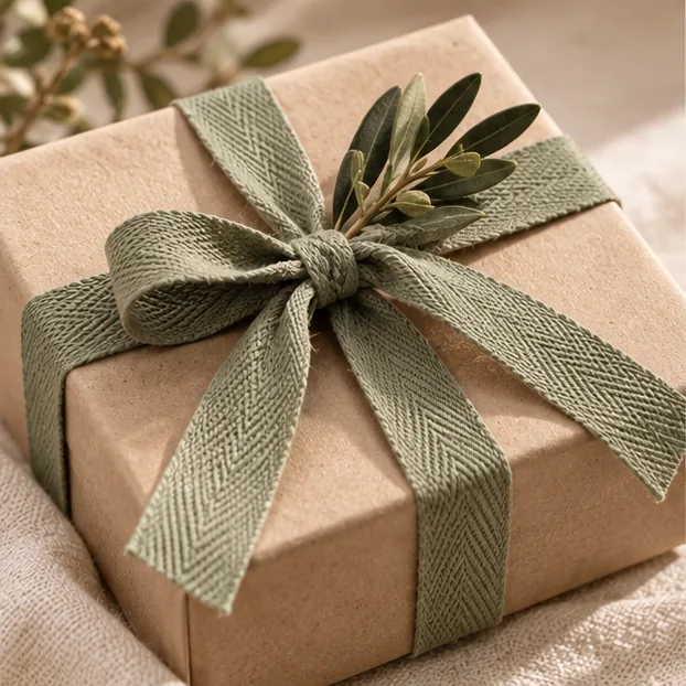 Sage Baumwollband um eine natürliche starre Geschenkbox gebunden