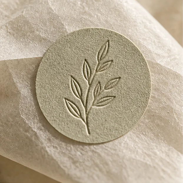 Makrodetail eines geprägten Papiersiegels auf Elfenbeingewebe