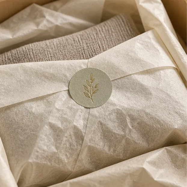 Natürliches Gewebe, das ein gefaltetes Leinenkleidungsstück mit einem Papiersiegel umhüllt