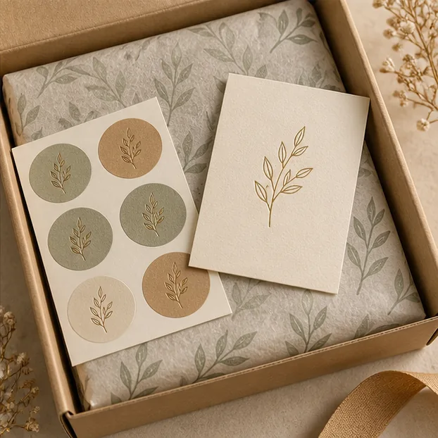 Geschenkbox mit gemustertem Tuch, Aufkleberblatt und Beilagekarte