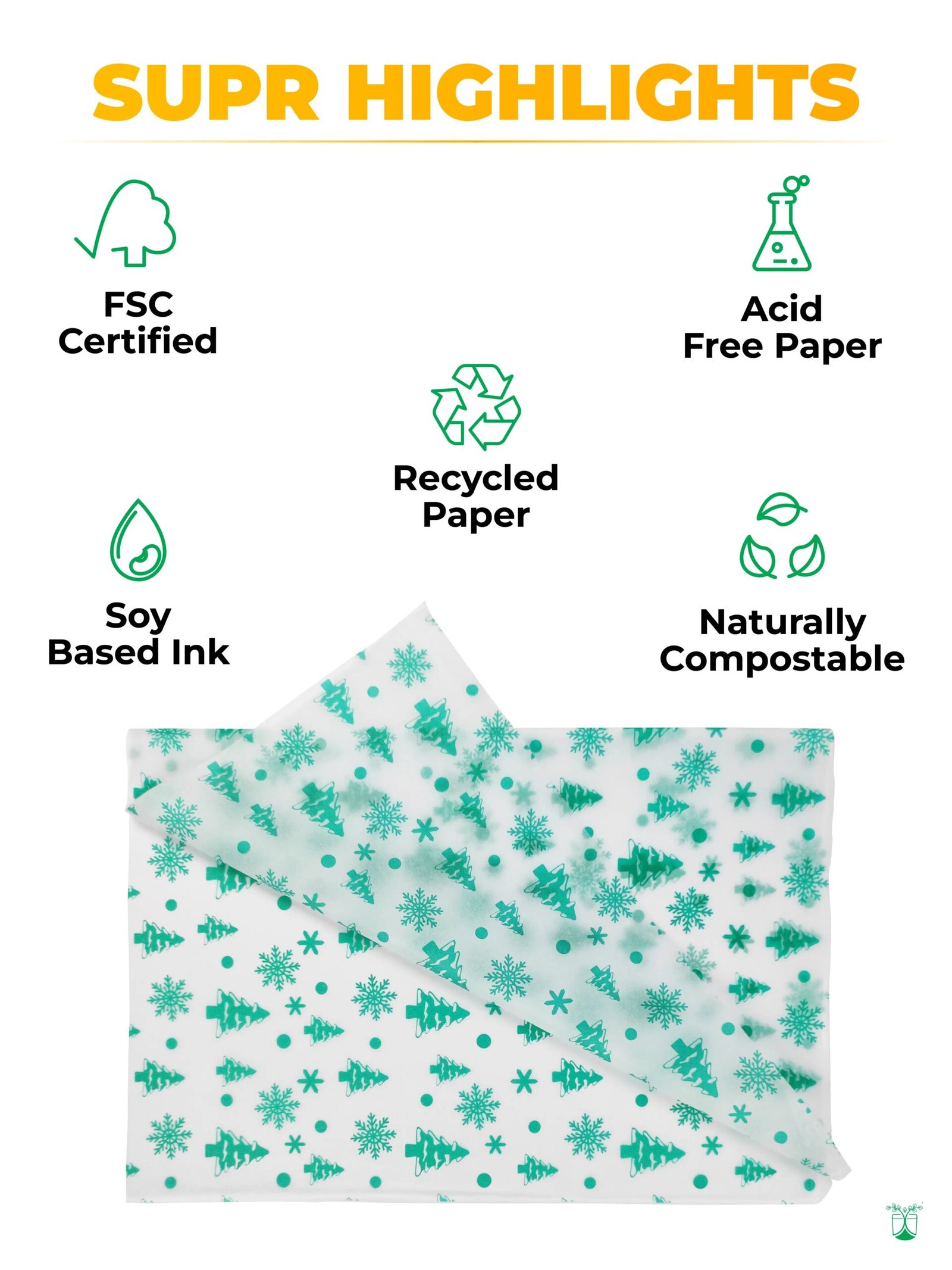 Tissue Wrapping Paper with Green Tree & Snowflakes - from Pack of 100 Sheets - product image 2