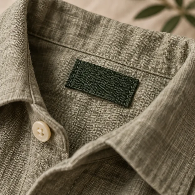 Waldgrünes gewebtes Etikett in einem natürlichen Leinen-Overshirt