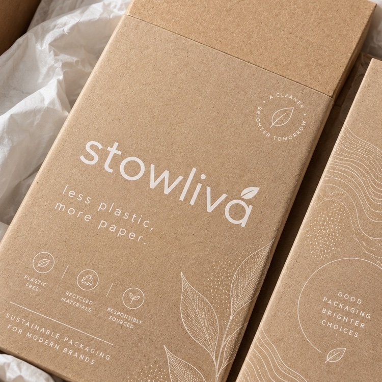 Stowliva branded kraft packaging with lower-plastic material messaging