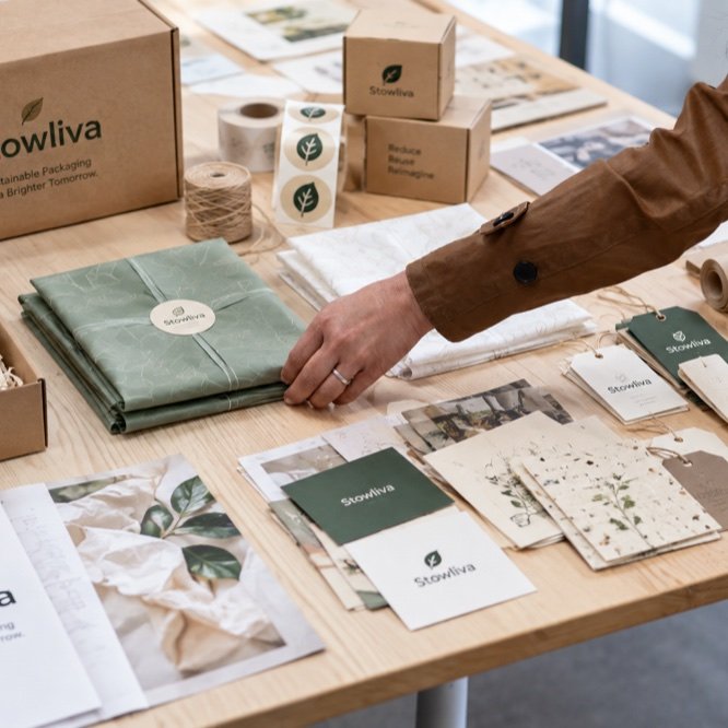 Stowliva packaging materials and branded components being reviewed on a worktable