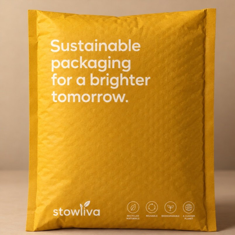 Yellow Stowliva mailer with sustainable packaging message and material icons