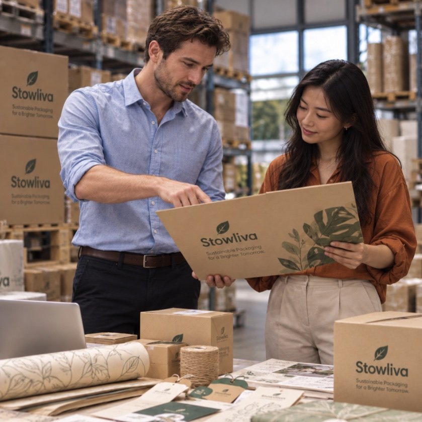 Stowliva team reviewing a branded packaging specification in a warehouse