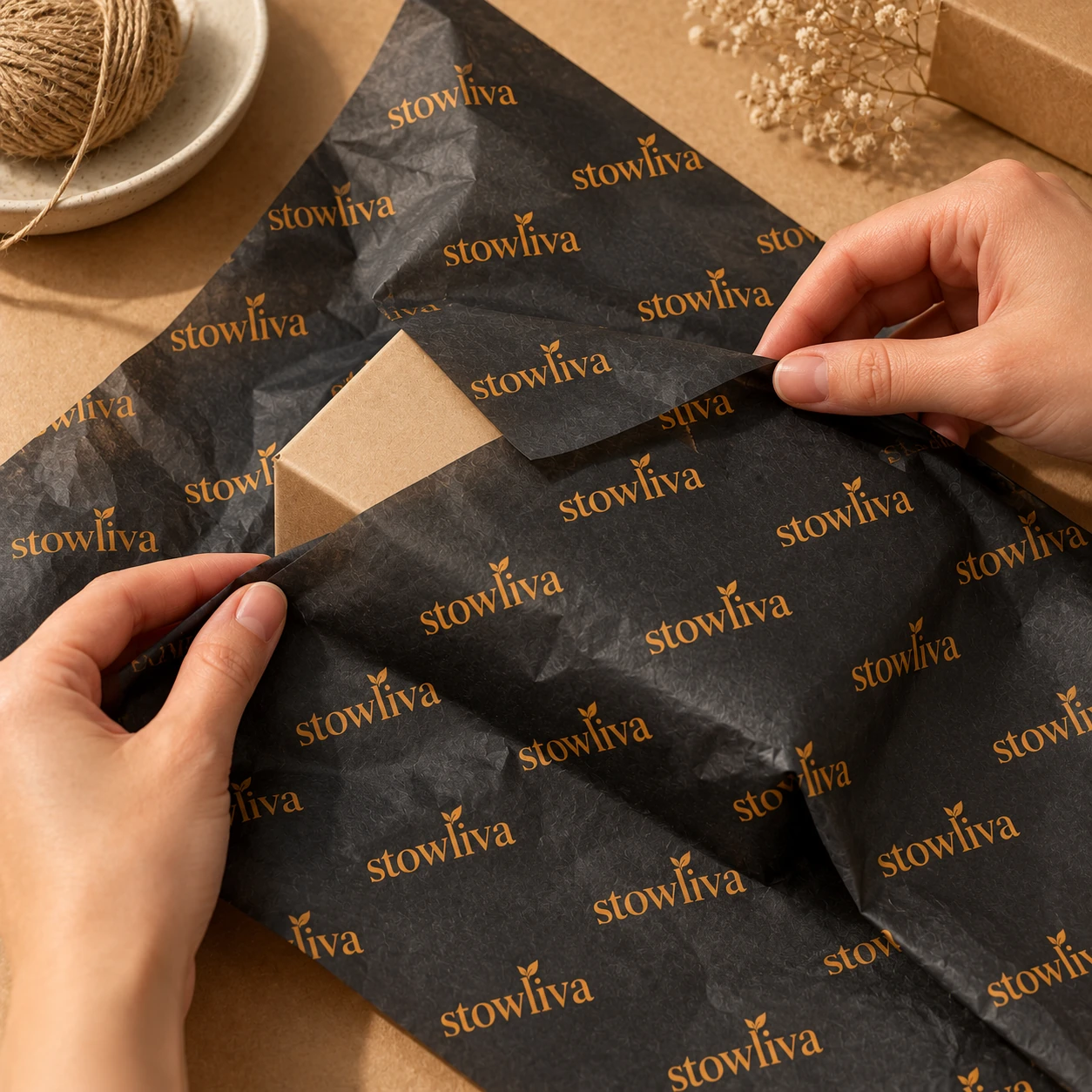 Zwart gekleurd vloeipapier met herhalend Stowliva woordmerk gebruikt voor geschenkverpakking