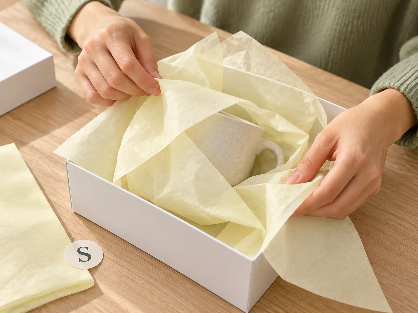 Cremefarbenes Seidenpapier für säurefreie, recycelbare und nachhaltige Umhüllung von Geschenkverpackungen