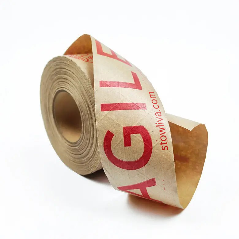 Braunes zerbrechliches Verpackungsband mit Stowliva Website Druck