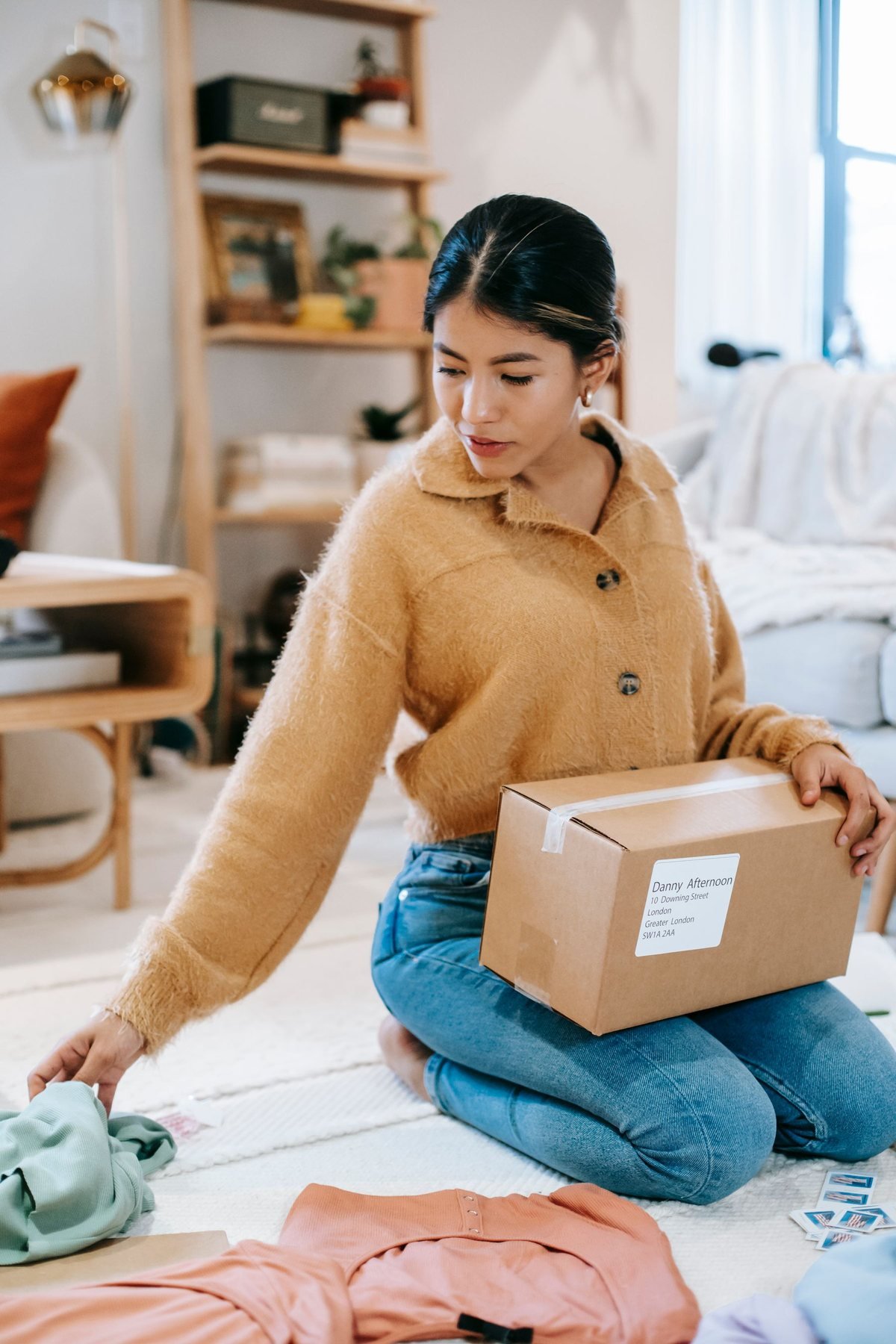 Kleding verkoper bereiden gevouwen kleding naast een verzendkarton