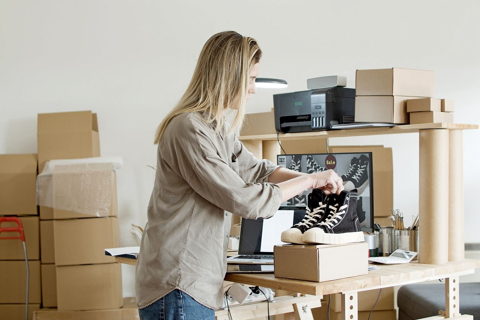 Kleinunternehmer bereiten Schuhe an einer E-Commerce-Packstation vor