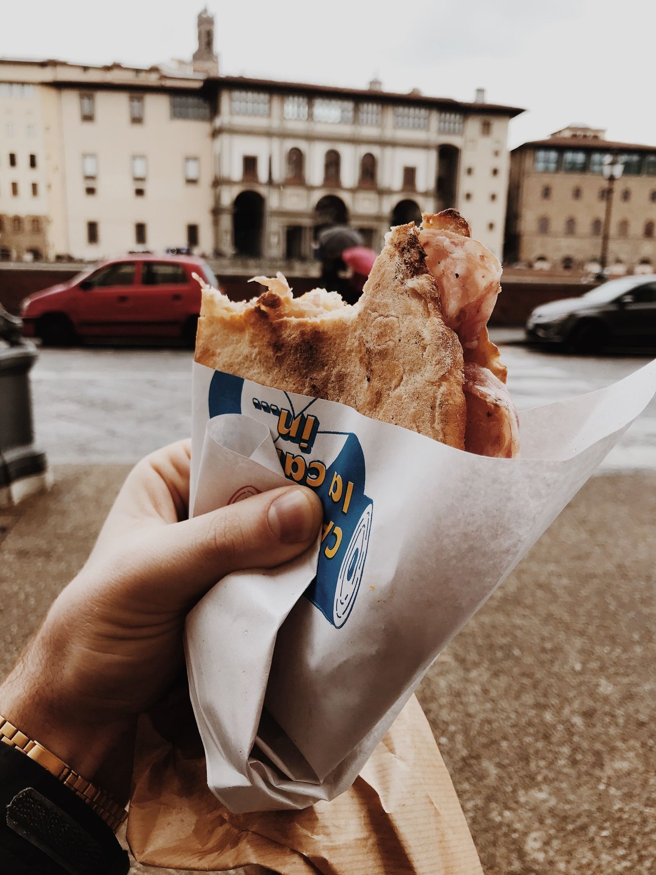 A hand holding a paper-wrapped takeaway sandwich outdoors