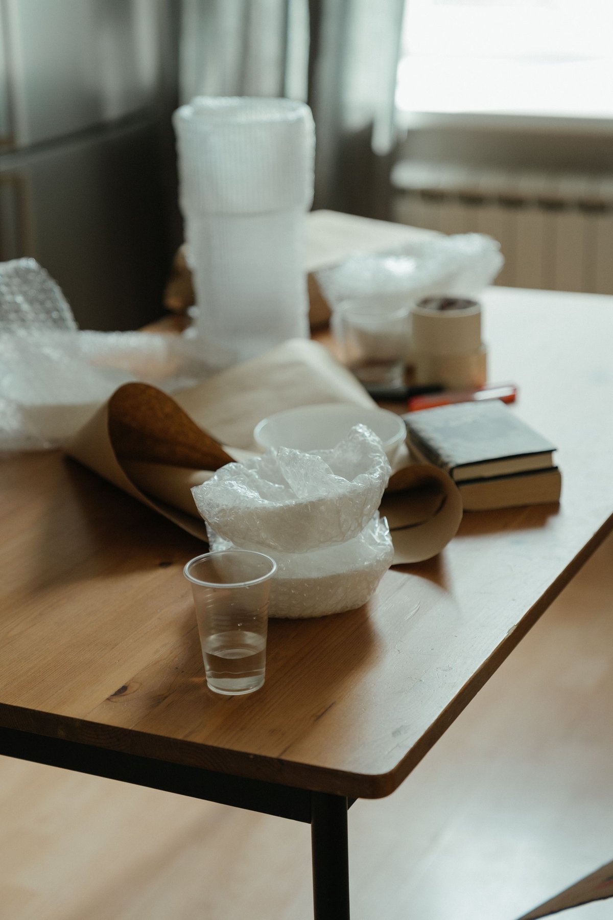 Ceramic mugs beside packing paper and bubble wrap at a worktable