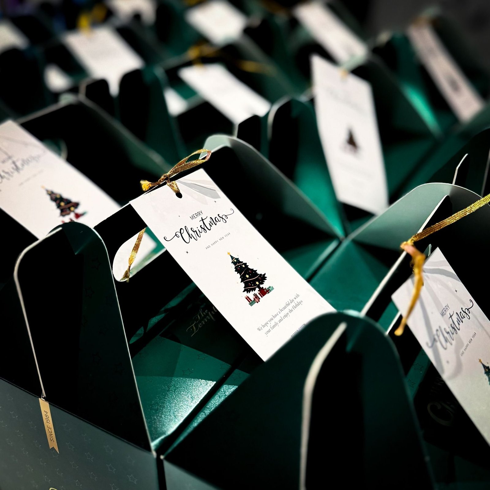 Green handled gift boxes with individual Christmas message tags
