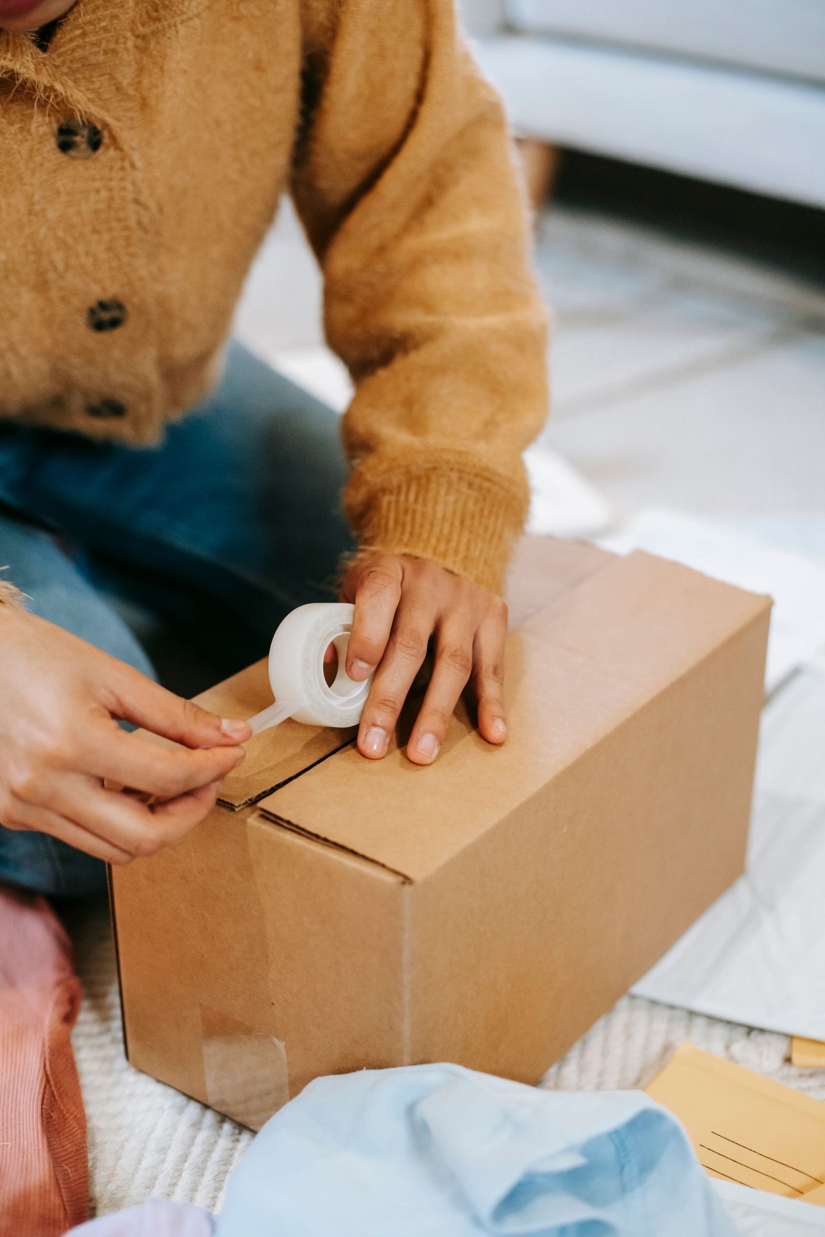 Hands applying tape to the seam of a cardboard parcel