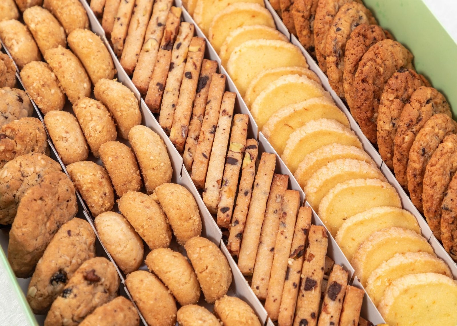 Rows of assorted cookies showing different shapes and textures