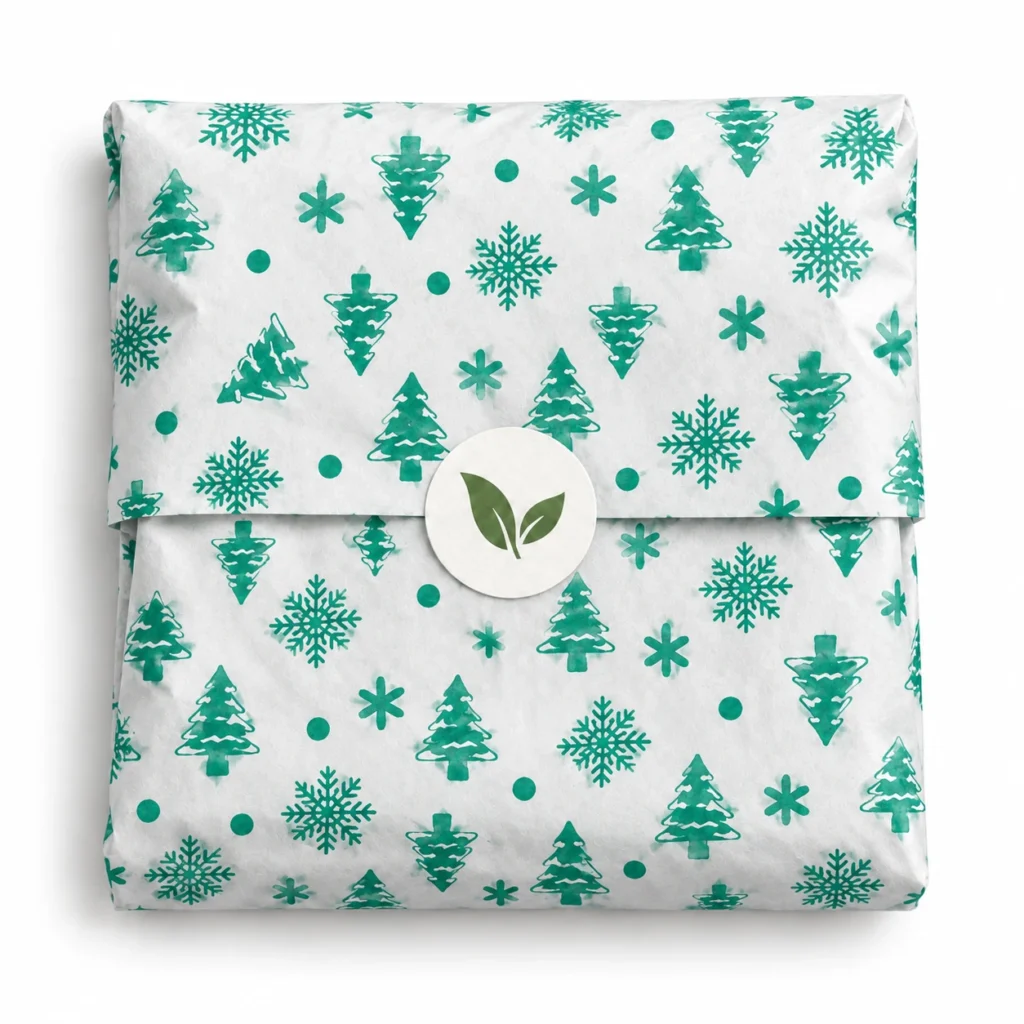 Weefselwikkelpapier met groene boom en sneeuwvlokken - uit verpakking van 100 vellen verpakt pakket product foto
