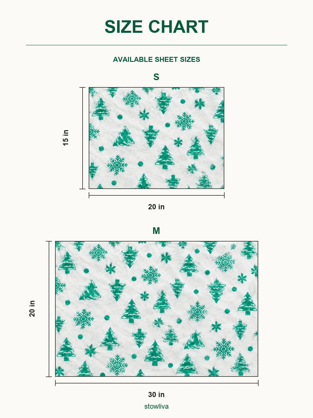 Seidenpapier zum Einwickeln mit Green Tree & Snowflakes - aus dem Pack of 100 Sheets Matching-Pattern-Größendiagramm