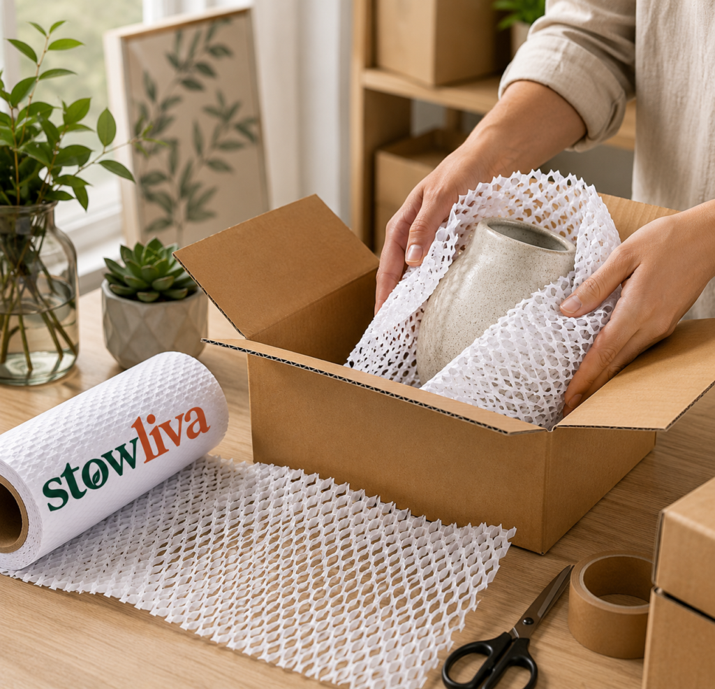 Weiße Stowliva-Wabenpapierhülle zum Schutz eines Keramikbechers
