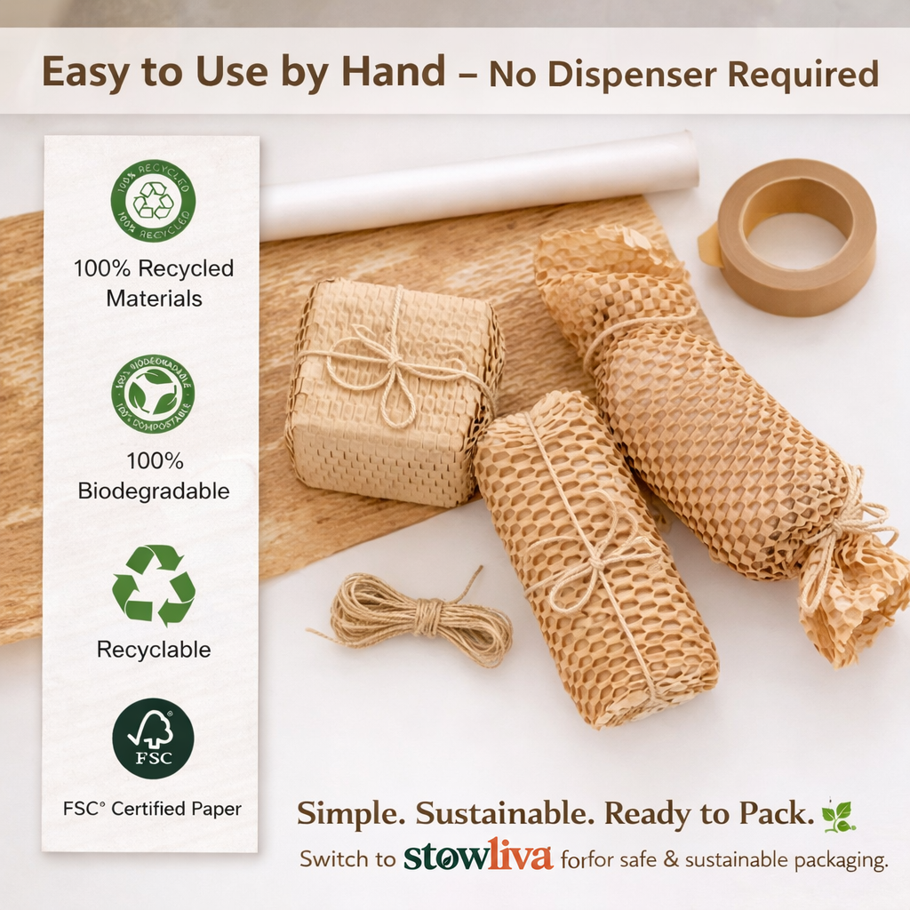 Wabenpapierverpackung mit Kraftband und Materialdetails