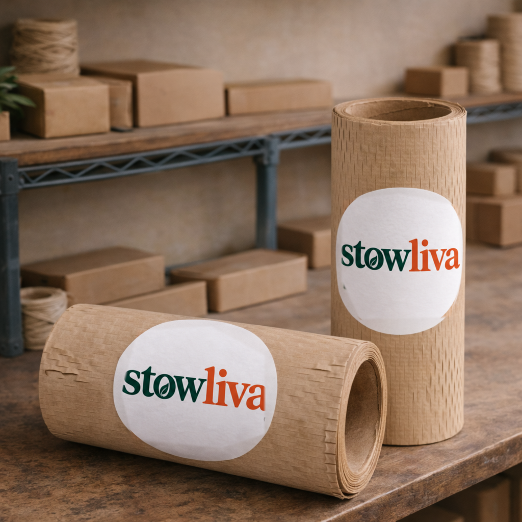 Stowliva-Kraftwabenpapierwickelrollen auf einem Verpackungstisch