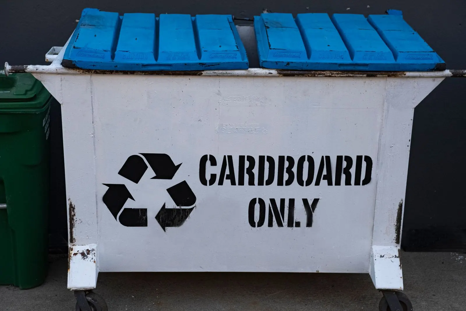 Dedicated cardboard recycling container with a blue lid
