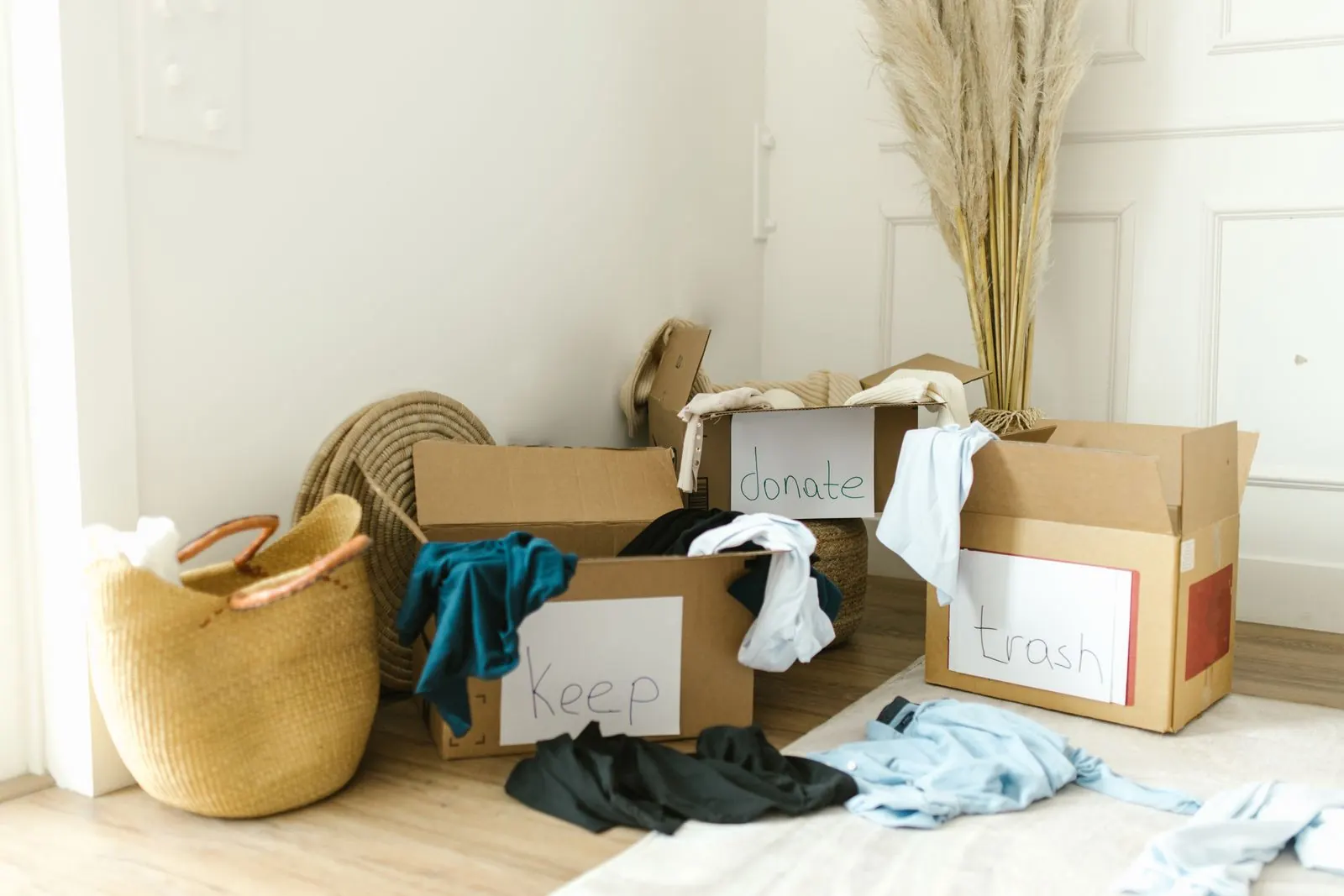 Boxes for separating items to keep, donate or discard